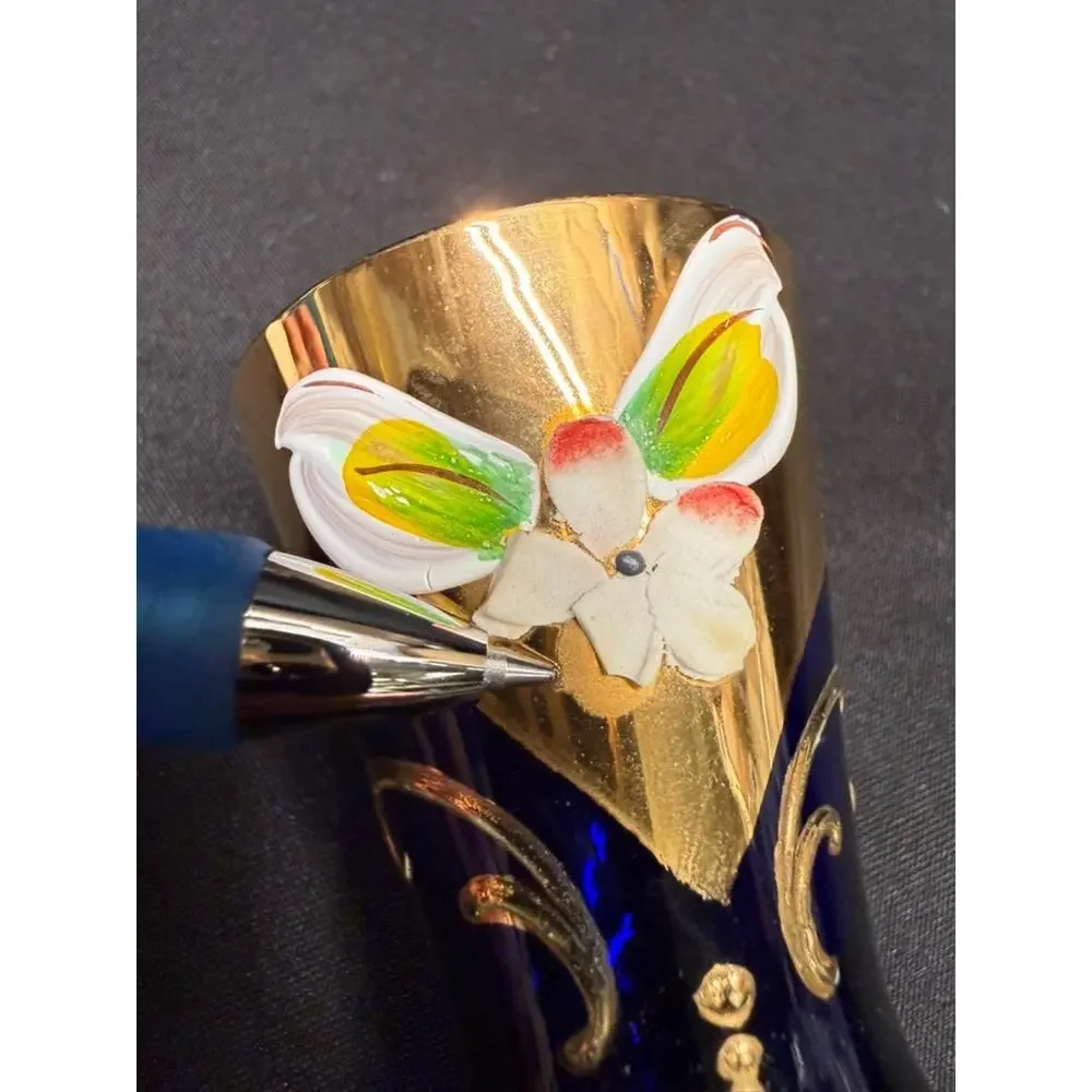 Cobalt Blue & Gold Bohemian Style Decanter (5) Shot Glasses Hand Painted Flowers